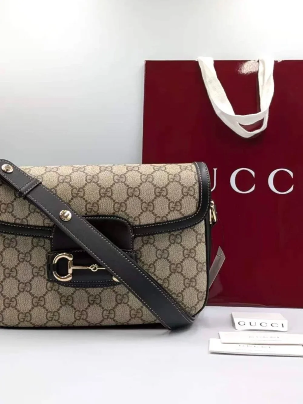 Gucci GG Supreme Monogram Canvas Horsebit 1955 Medium Flap Bag Beige Black Ebony - Picture 14 of 15